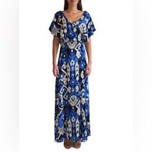 TAMGA Designs Blue Ikat Micro Tencel V-Neck Ruffle Maxi Dress Boho Size S